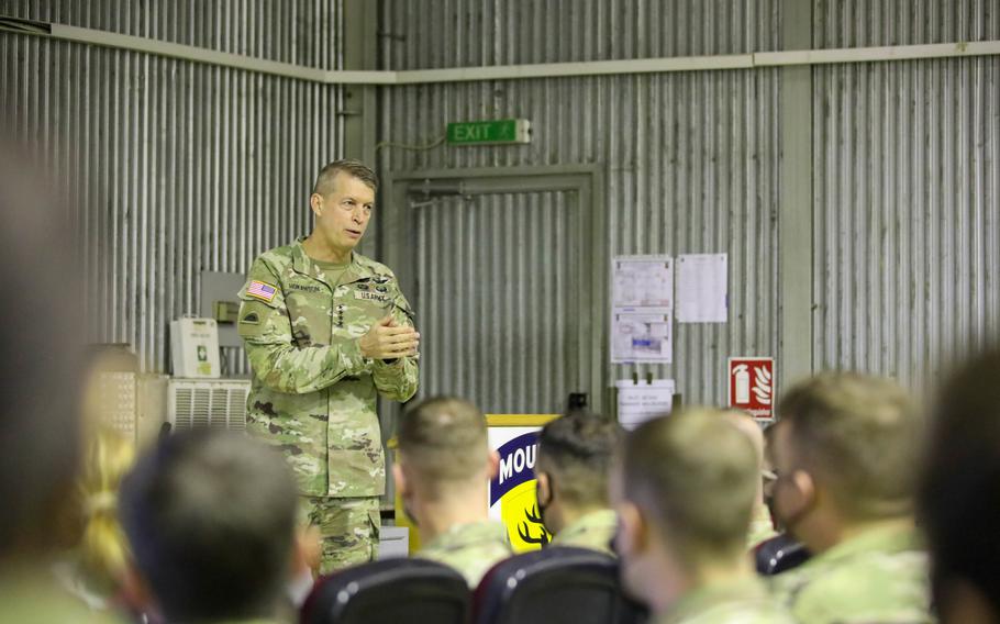 Army Gen. Daniel Hokanson, chief of the National Guard Bureau, kicks off Thanksgiving week with a visit to soldiers deployed on Camp Bondsteel, Kosovo, on Nov. 24, 2021. 