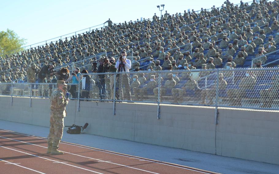 Lt. Gen. Pat White, commander of III Corps and Fort Hood, Texas, spoke Tuesday to about 2,000 soldiers on the findings of a civilian-led investigation that led to disciplinary action against 14 leaders at the base.
ROSE L. THAYER/STARS AND STRIPES 