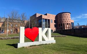 An I heart KL sign stands in front of the Pfalztheater in Kaiserslautern. Repairs to the facade of pedestrian overpass across Ludwigstrasse that connects the theater grounds with the Albert Schweitzer secondary school will close a lane of the street on April 8 for about two hours, beginning at 9:30 a.m.