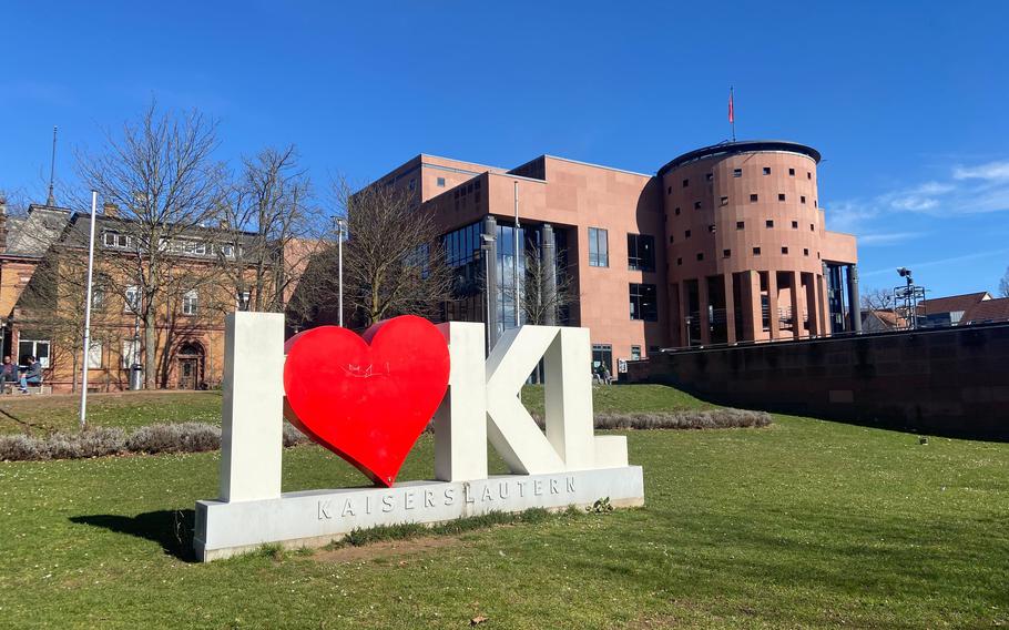 An I heart KL sign stands in front of the Pfalztheater in Kaiserslautern. 