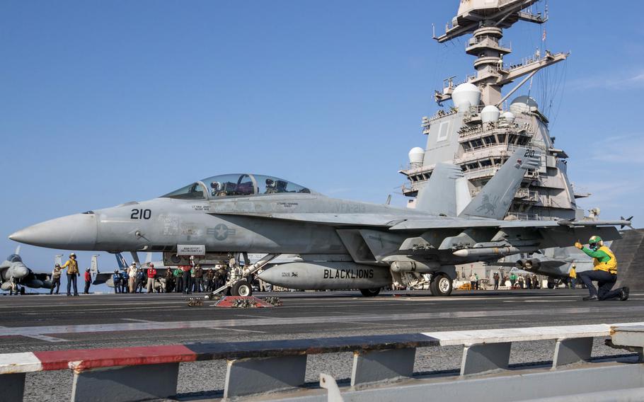 F/A-18F & F/A-18E Super Hornet aircraft attached to VFA’s 37 & 213 operate from USS Gerald R. Ford (CVN 78) in the Eastern Mediterranean Sea, Oct. 11, 2023.