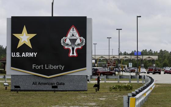 The new Fort Liberty sign is displayed outside the base on Friday, June 2, 2023 in Fort Liberty, N.C. U.S. special operations commanders are having to do more with less and they're learning from the war in Ukraine, That means juggling how to add more high-tech experts to their teams while still cutting their overall forces by about 5,000 troops over the next five years.