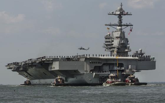 The aircraft carrier Gerald R. Ford returns to Norfolk on Friday, April 14, 2017, after a week of builder's trials during which the ships systems were tested.