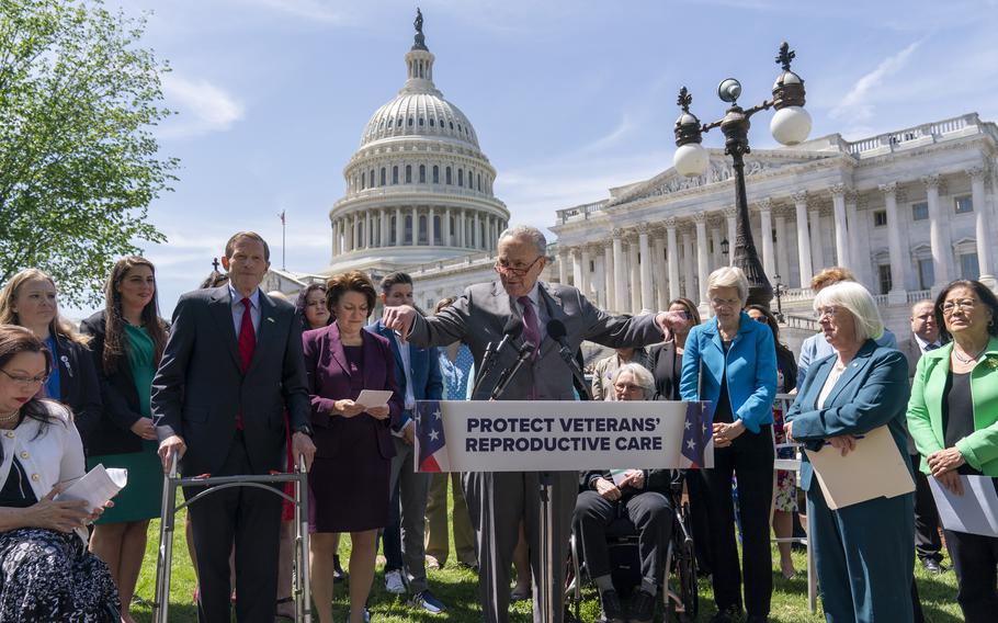 Senate Majority Leader Chuck Schumer, D-N.Y., center, holds a news conference on Capitol Hill in Washington on Wednesday, April 19, 2023, about reproductive rights for veterans. Accompanying Schumer are Sens. Tammy Duckworth, D-Ill., Richard Blumenthal, D-Conn., Amy Klobuchar, D-Minn., Elizabeth Warren, D-Mass., Patty Murray, D-Wash., and Mazie Hirono, D-Hawaii. 