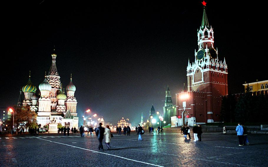 Moscow’s Red Square, with St. Basil’s Cathedral on the left and the Kremlin with the Spassky tower at right.