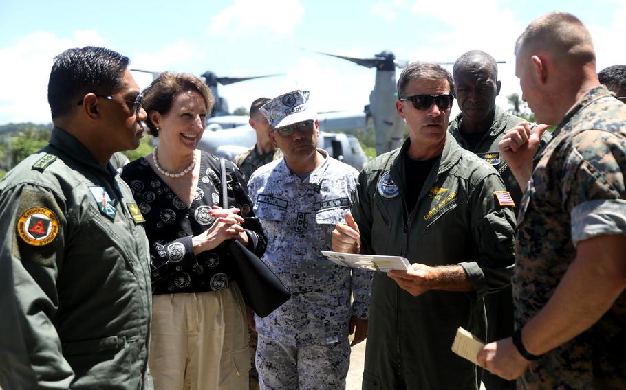 Adm. John Aquilino, right, head of U.S. Indo-Pacific Command, and the Philippines' military chief, Lt. Gen. Romeo Brawner, far left, recently visited three sites being developed to support U.S. forces in the Philippines.