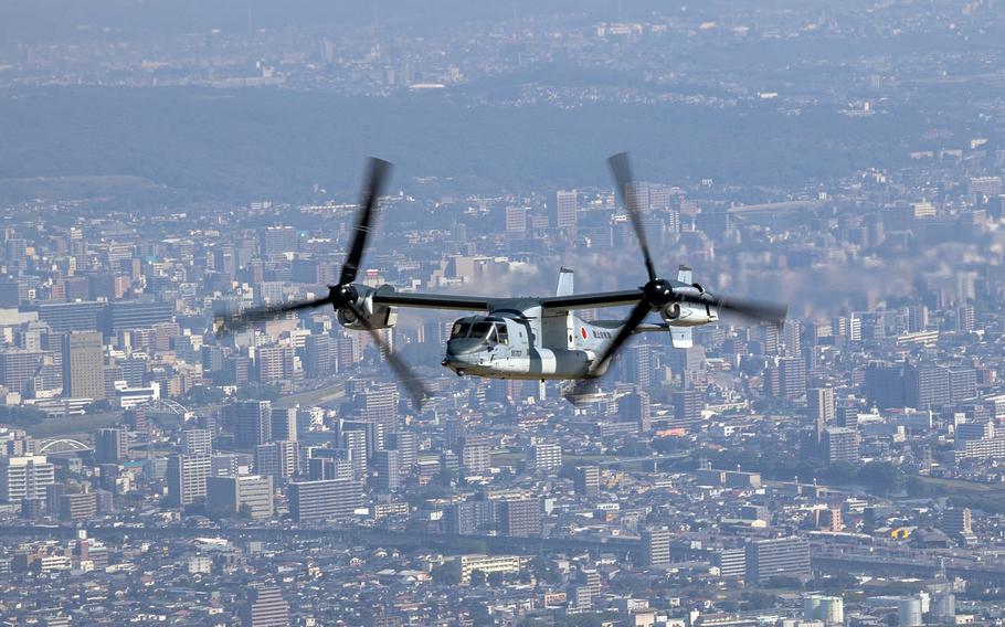 A V-22 Osprey with the Japan Ground Self-Defense flies over Kumamoto, Japan, Oct. 18, 2023. 