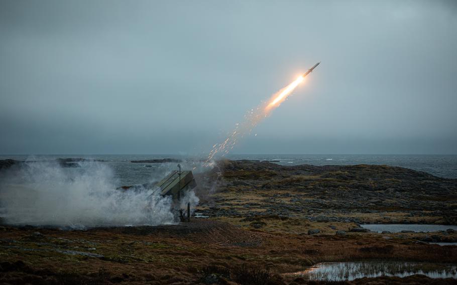 The Norwegian army fires a National Advanced Surface-to-Air Missile System, or NASAMS, from the Andøya Space Range in Andøya, Norway, during a training exercise on May 10, 2023. 