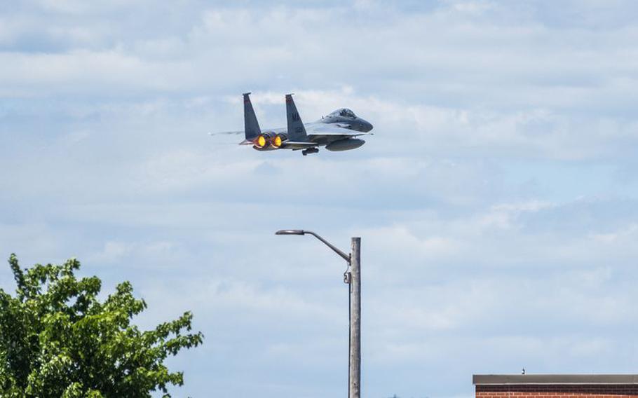 The F-15C Eagle Aircraft flyover at the ceremonial groundbreaking of a new Taxiway Sierra at Westfield-Barnes Regional Airport on Thursday, May 27, 2021. 