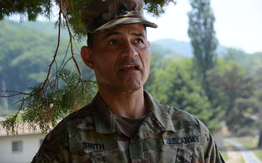 Sgt. 1st Class William Smith, who was assigned to the 2nd Infantry Division when this photo was taken, discusses his efforts to help a soldier who had suicidal thoughts during an interview in May 2019 at Camp Casey, South Korea.