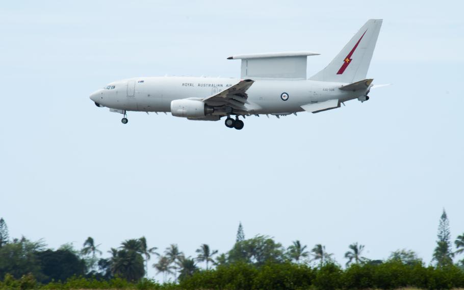 A Royal Australian Air Force E-7A Wedgetail, based at RAAF Base Williamtown, Australia, approaches for a landing April 20, 2021, at Honolulu International Airport, Hawaii. 