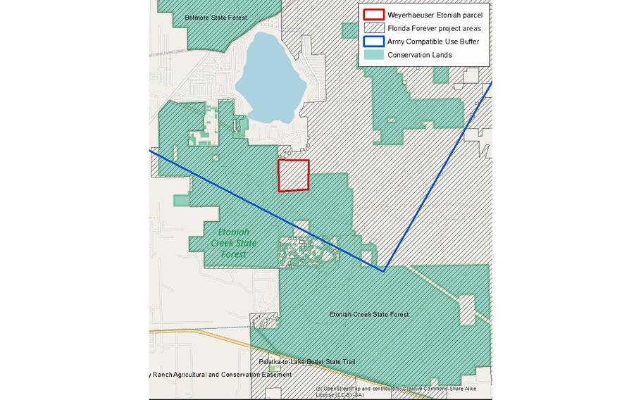 The property acquired from Weyerhaeuser Corp. enlarges the area around Etoniah Creek State Forest that’s preserved for conservation in northern Putnam County, southeast of Camp Blanding in Florida.