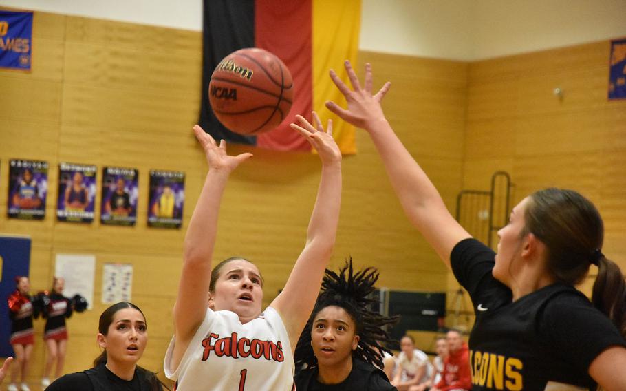 American Overseas School of Rome’s Silvia Goldman puts up a shot against Bahrain at the DODEA European Division II Basketball Championships on Wednesday, Feb. 14, 2024, in Wiesbaden, Germany.