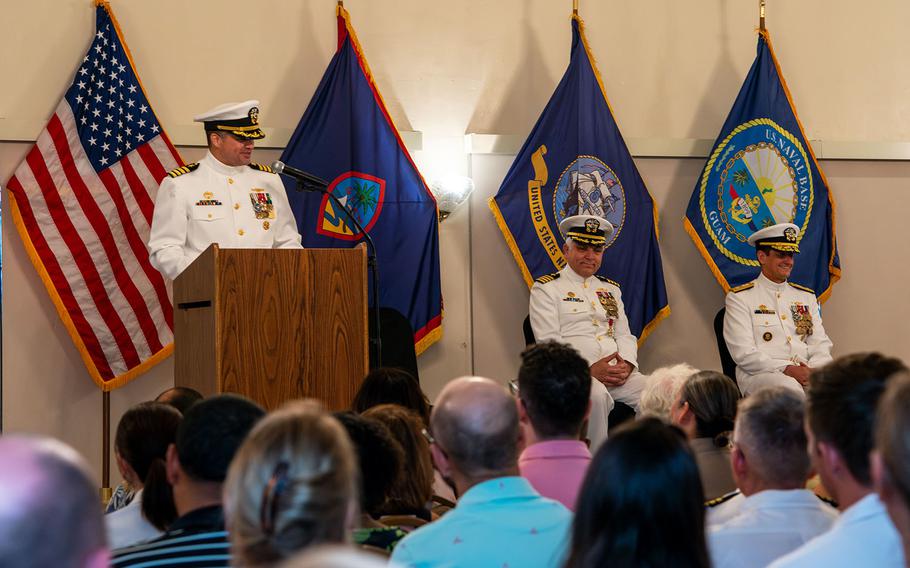 Capt. John Frye speaks after taking command of Naval Base Guam, Jan. 26, 2024.