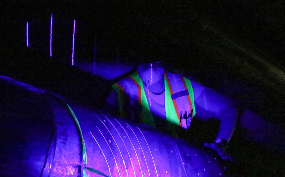 A Navy contractor conducts a three-dimensional scan to confirm structural integrity of fuel pipes at the Red Hill Bulk Fuel Storage Facility in Halawa, Hawaii, Dec. 20, 2022, as part of the two-year project to empty the tanks.