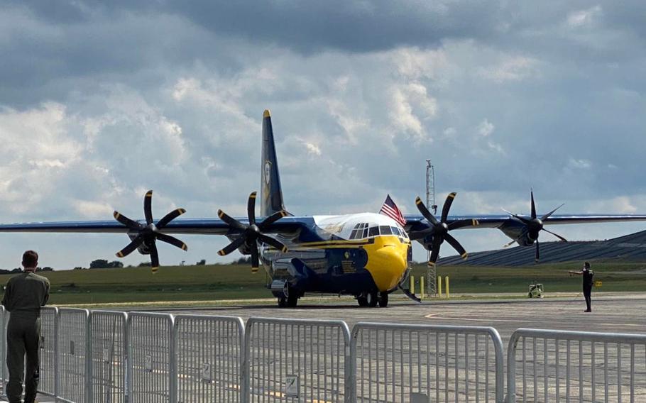 The Navy Blue Angels’ support aircraft, a C-130J Super Hercules nicknamed “Fat Albert,” gets ready for takeoff at Thunder Over Michigan air show in Ypsilanti, Mich., Saturday, July 16, 2022.