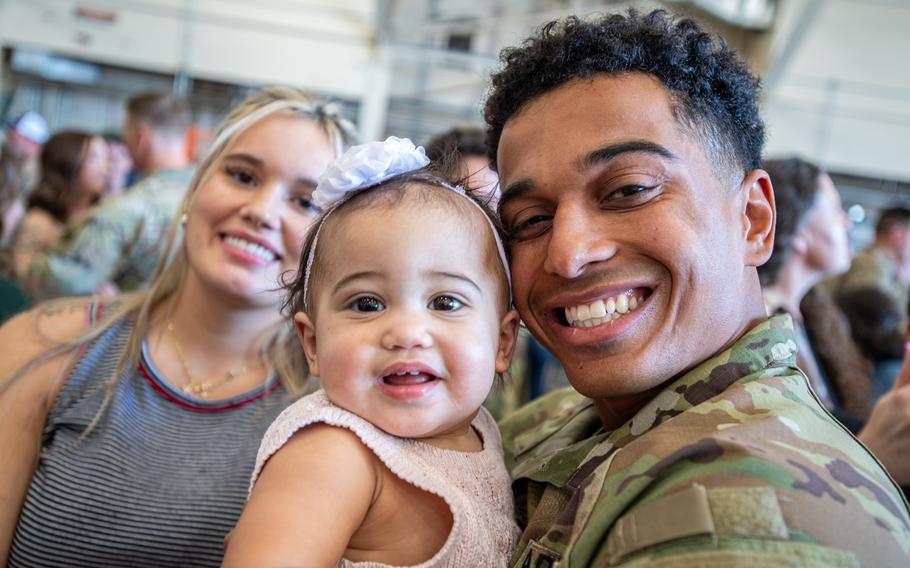 A member of Task Force Tomahawk reunites with their family during a welcome home ceremony at Will Rogers Air National Guard Base in Oklahoma City, Friday, Feb. 23, 2024. 