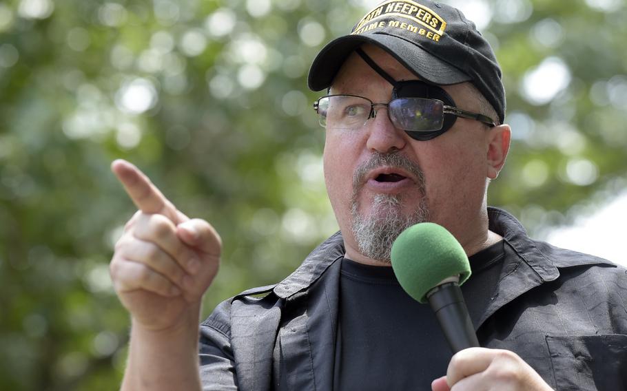 Stewart Rhodes, founder of the citizen militia group known as the Oath Keepers speaks during a rally outside the White House in Washington, on June 25, 2017. Rhodes was convicted Tuesday, Nov. 29, 2022, of seditious conspiracy for a violent plot to overturn Democrat Joe Biden’s presidential win.