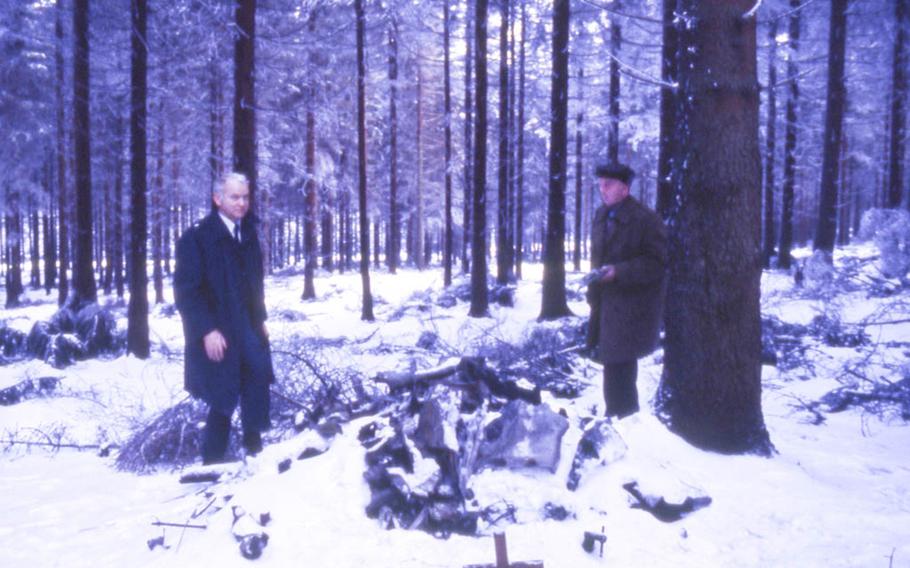 Retired U.S. Air Force Col. James Tonge, left, is seen here identifying the crash site of missing U.S. Army Air Corps Lt. William Lewis Jr., who crashed on Sept. 11, 1944, with a German man named Herr Wolf, three days before Tonge believes he and his colleagues were drugged by the Soviets. Tonge assisted in Lewis' recovery decades later, which is documented in the 2006 book, "Courtesies of the Heart" by Kenneth Breaux. Wolf was reportedly interrogated by the Stasi after the meeting, something that haunted Tonge for years.