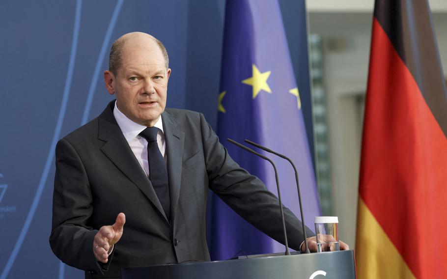 German Chancellor Olaf Scholz addresses the media during a joint statement with European Parliament President Roberta Metsola at the Chancellery in Berlin, Germany, Tuesday, March 22, 2022. 
