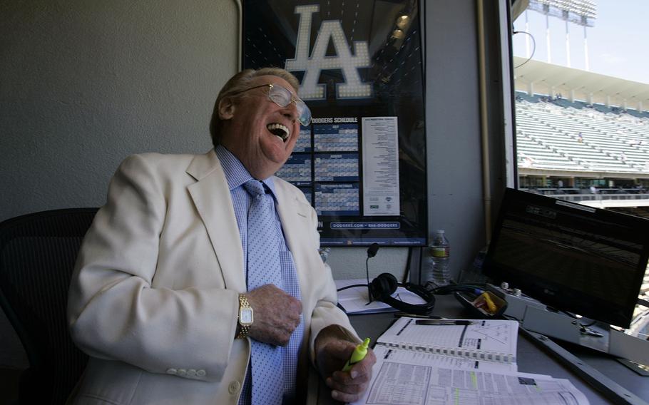 Hall of Fame Los Angeles Dodgers broadcaster Vin Scully in his announcing booth before the start of the Dodger-Reds game at Dodger Stadium on Aug. 22, 2919. (Gary Friedman/Los Angeles Times/TNS)