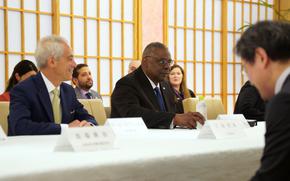 Defense Secretary Lloyd Austin and U.S. Ambassador to Japan Rahm Emanuel visit Japan's Ministry of Foreign Affairs in Tokyo, Thursday, June 1, 2023. 
