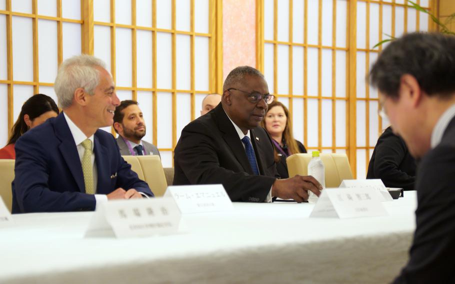Defense Secretary Lloyd Austin and U.S. Ambassador to Japan Rahm Emanuel visit Japan’s Ministry of Foreign Affairs in Tokyo, June 1, 2023. 