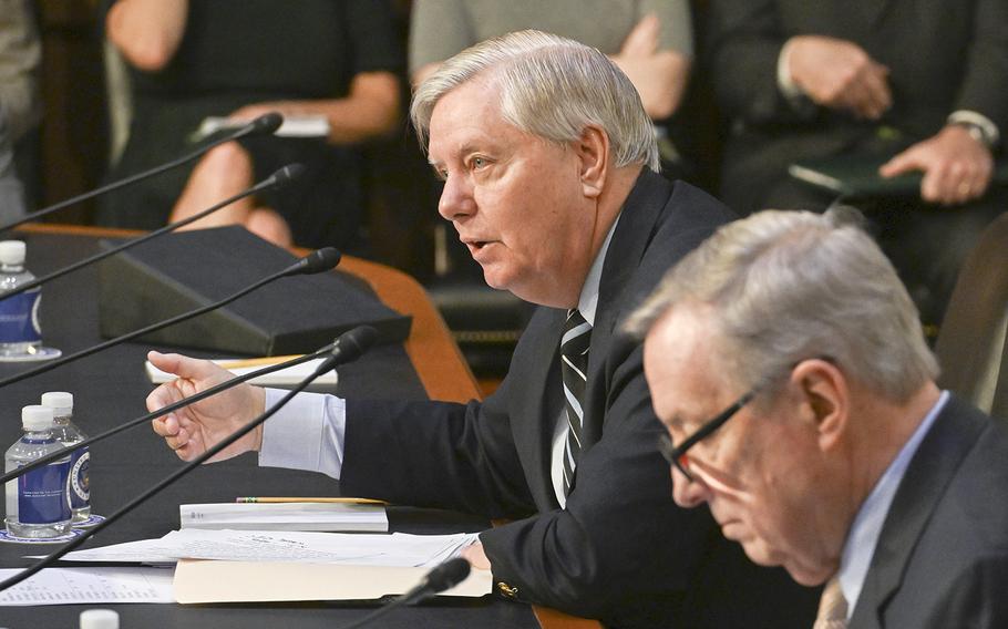 Sen. Lindsey Graham, R-S.C., speaks during a Senate Judiciary Committee business meeting at the Hart Senate Office Building on Capitol Hill on Thursday, Feb. 9, 2023. At right is Sen. Dick Durbin, D-Ill.