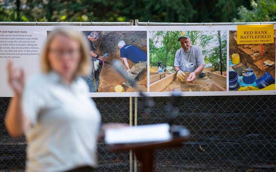 Dr. Jennifer Janofsky, professor of History at Rowan University and director of the Red Bank Battlefield Park, speaks about the significance of the historical find at a Rowan University archaeological dig site in National Park, N.J., on Aug. 2, 2022. 