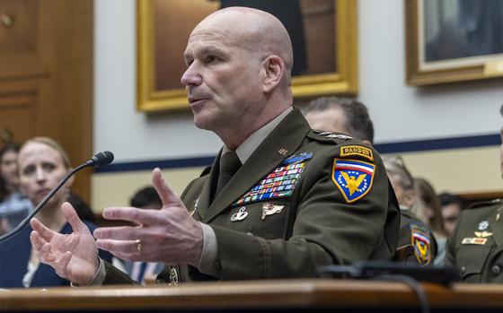 Gen. Christopher G. Cavoli, commander of US European Command, testifies Tuesday, April 8, 2025, in Washington during a House Armed Services Committee hearing. (Eric Kayne/Stars and Stripes)