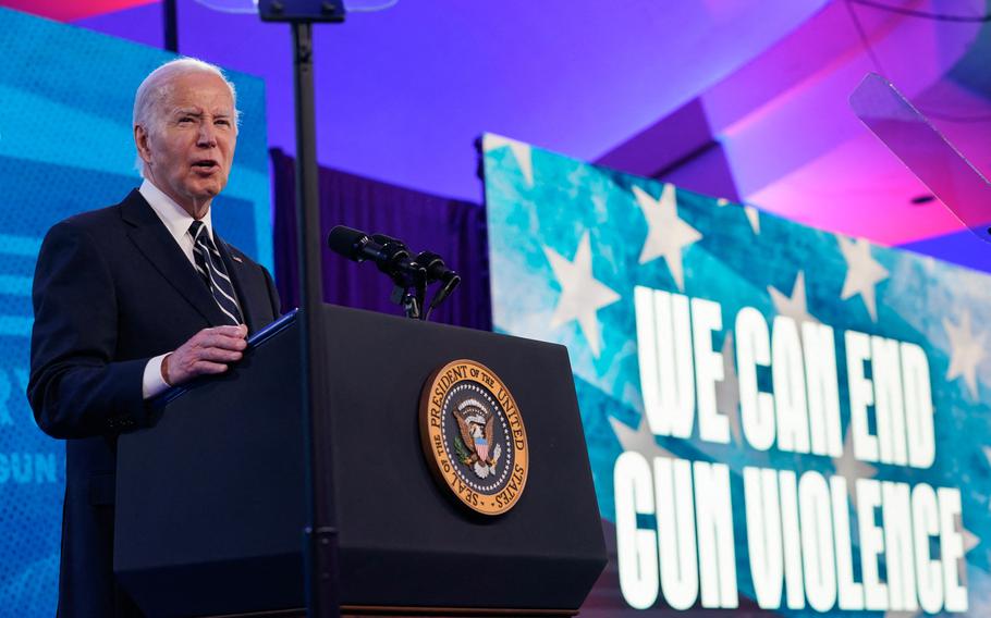 President Joe Biden delivers remarks at the annual “Gun Sense University” conference in Washington, June 11, 2024. 
