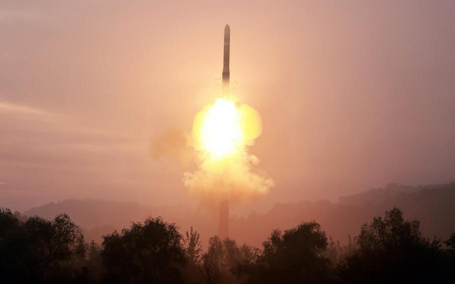 North Korea launches a Hwasongpho-19 intercontinental ballistic missile, Oct. 31, 2024, in this image from the state-run Rodong Sinmun newspaper.