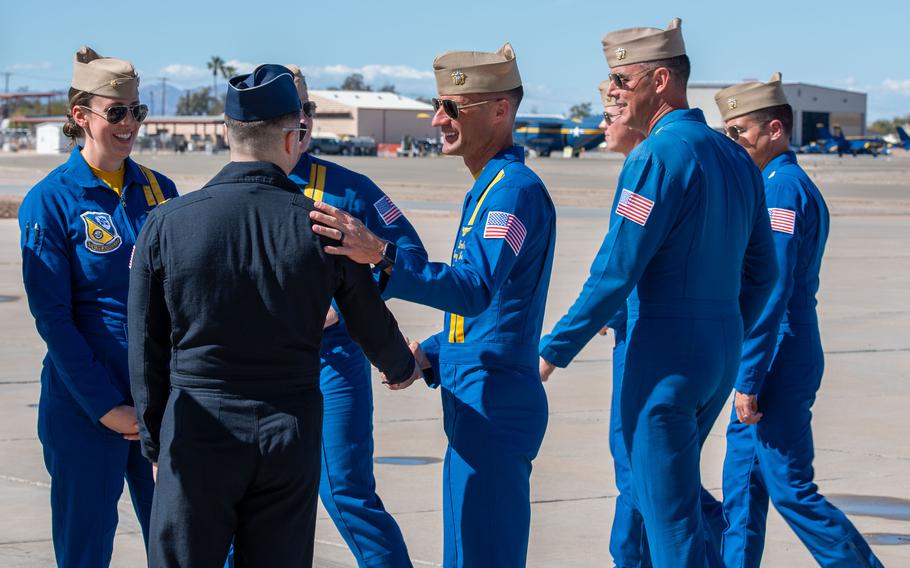 The U.S. Navy Flight Demonstration Squadron, the Blue Angels, welcome the U.S. Air Force Air Demonstration Squadron, the Thunderbirds to Naval Air Facility (NAF) El Centro, Thursday, Feb. 22, 2024.