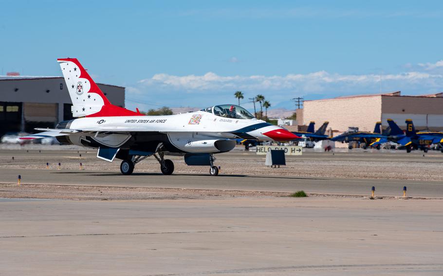 The U.S. Navy Flight Demonstration Squadron, the Blue Angels, welcome the U.S. Air Force Air Demonstration Squadron, the Thunderbirds to Naval Air Facility (NAF) El Centro, Thursday, Feb. 22, 2024.