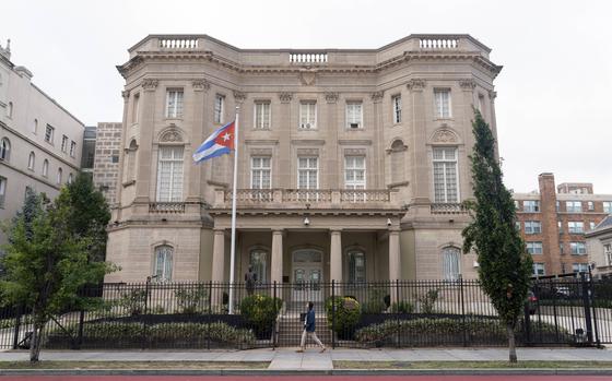 The Cuban Embassy is seen in Washington, Monday, Sept. 25, 2023. U.S. law enforcement officials have launched an investigation after a Molotov cocktail was thrown at the Cuban Embassy in Washington.  There was no fire or significant damage to the building.  (AP Photo/Jose Luis Magana)