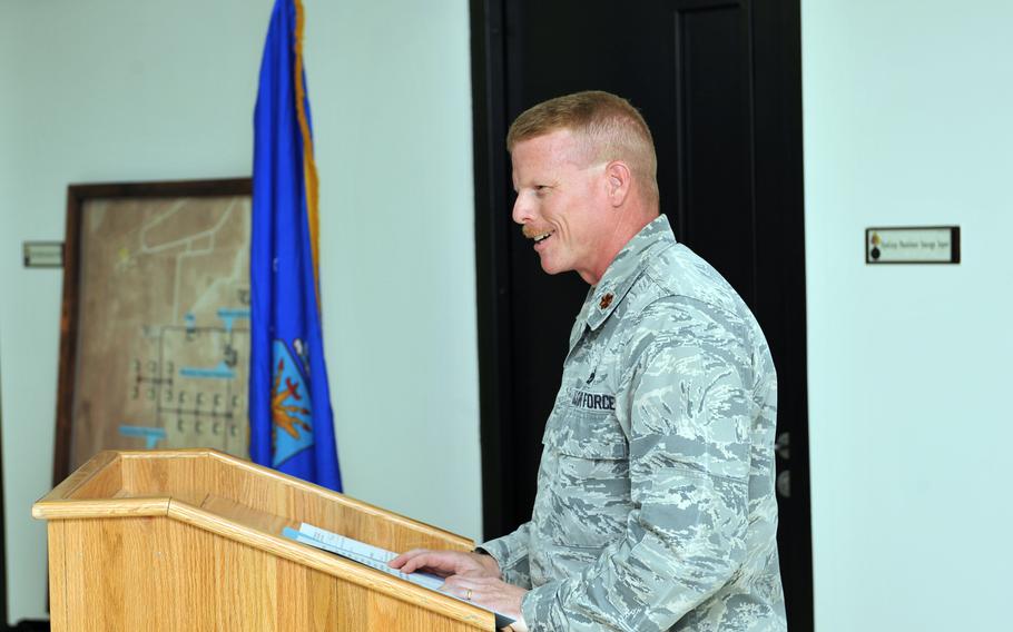 Then-Maj. Jay Bertsch speaks at Udeid Air Base, Qatar, March 31, 2014.
