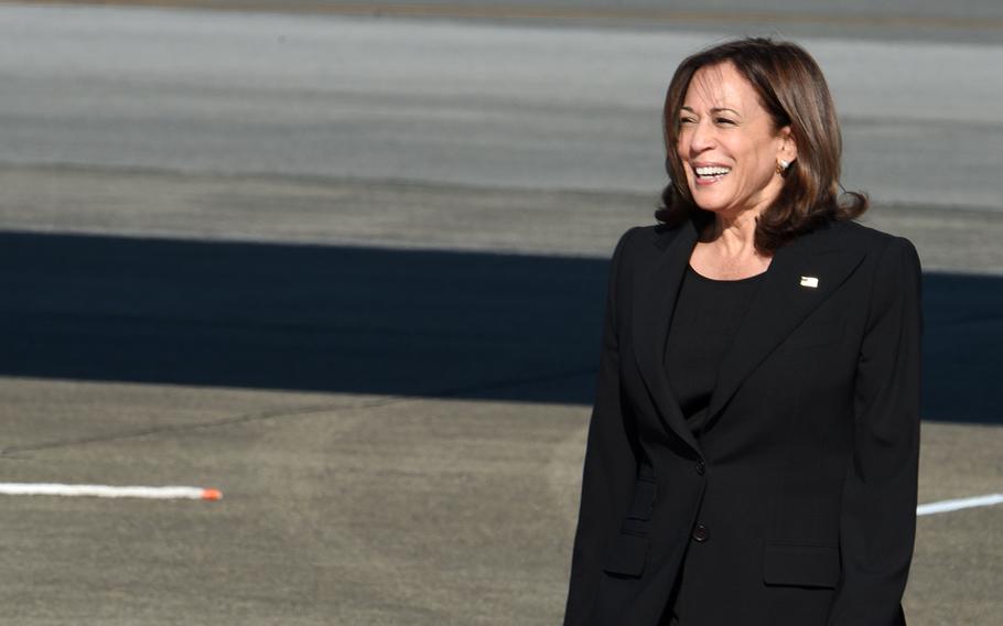 Vice President Kamala Harris arrives at Yokota Air Base in western Tokyo, Monday, Sept. 26, 2022. 