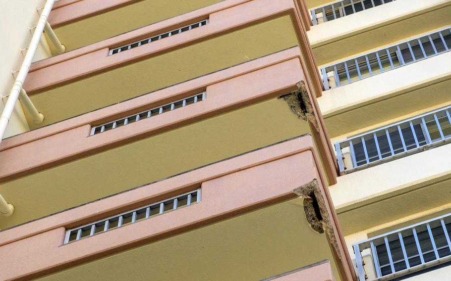 Spalling concrete is seen on balconies at housing tower 1087 on Camp Kinser, Okinawa, Aug. 20, 2025. 