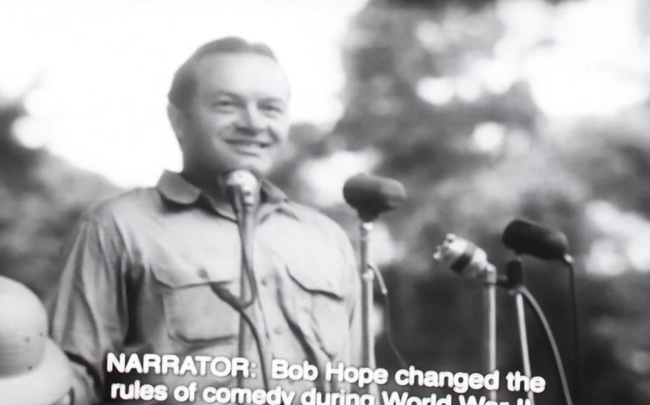 This screengrab from video shows comedian Bob Hope entertaining troops.
