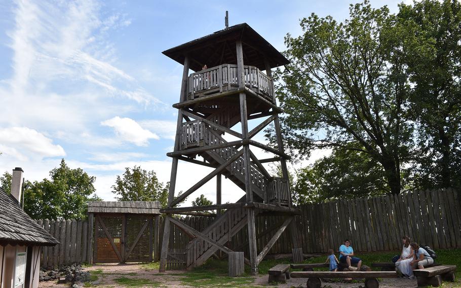 The watchtower of the Keltendorg am Donnersberg at Steinbach am Donnersberg, Germany, gives great views of the surrounding landscape.