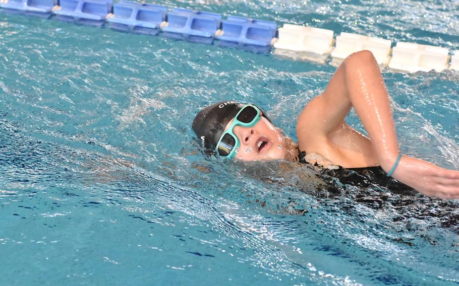 Carson Kester of the Vicenza Mako Sharks takes a breath while completing the freestyle portion of a heat in the girls 400 individual medley race on Saturday, Nov. 26, 2022, at the European Forces Swim League Long Distance Championships in Lignano Sabbiadoro, Italy.