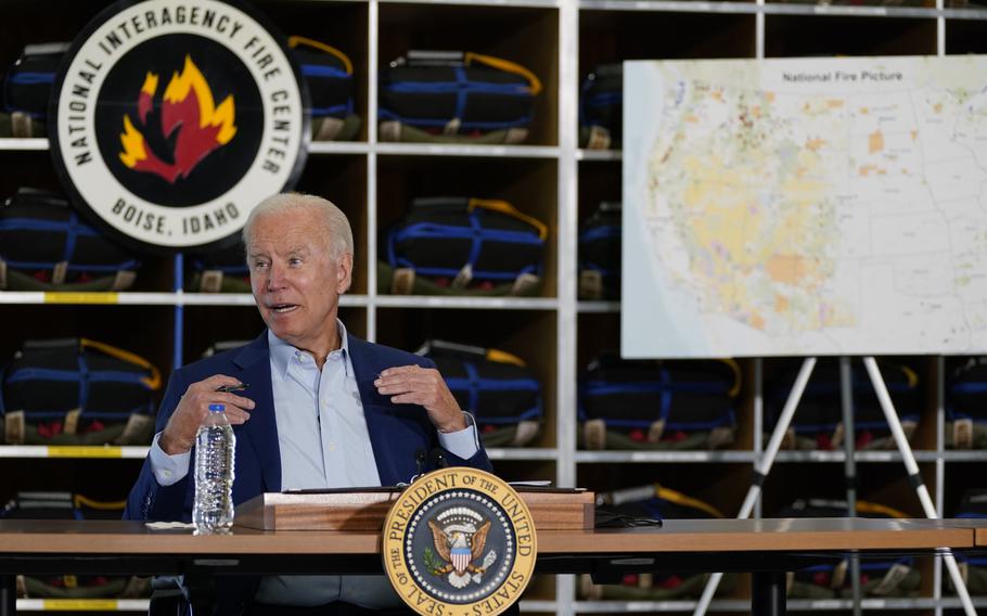 President Joe Biden speaks during a visit to the National Interagency Fire Center, Monday, Sept. 13, 2021, in Boise, Idaho.
