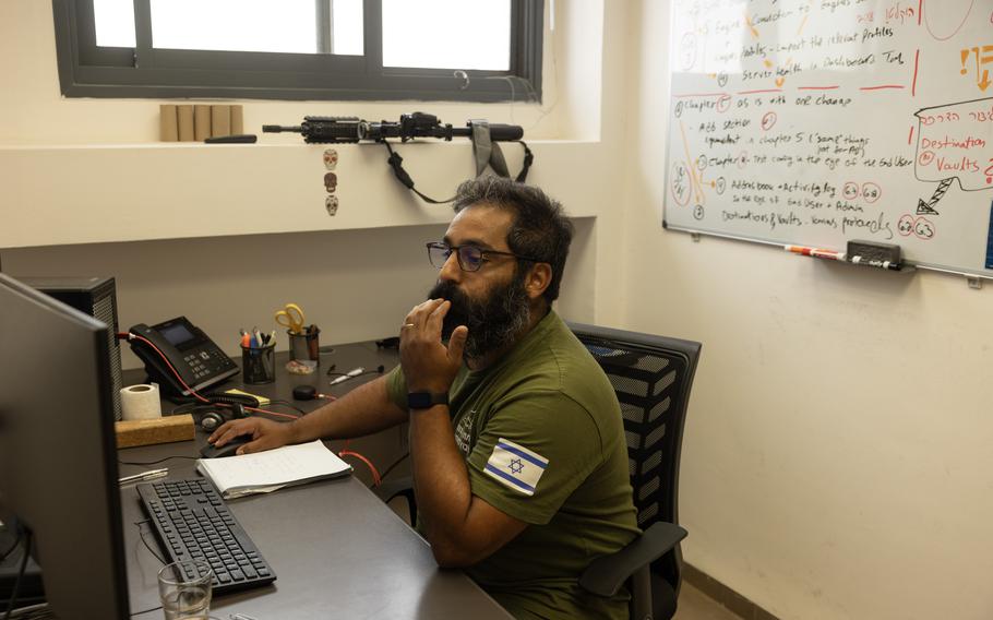 Omer Simchi, whose wife and two young children evacuated Kibbutz Sasa with other residents, has served for nine months on the local defense squad. “The families are tired,” he said. 