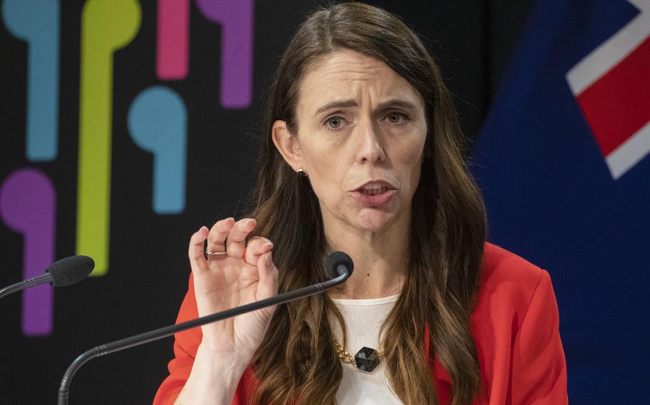 New Zealand Prime Minister Jacinda Ardern attends a briefing in Wellington, New Zealand on March 23, 2022. Ardern on Saturday, May 14, posted a photo of her positive test result on Instagram.
