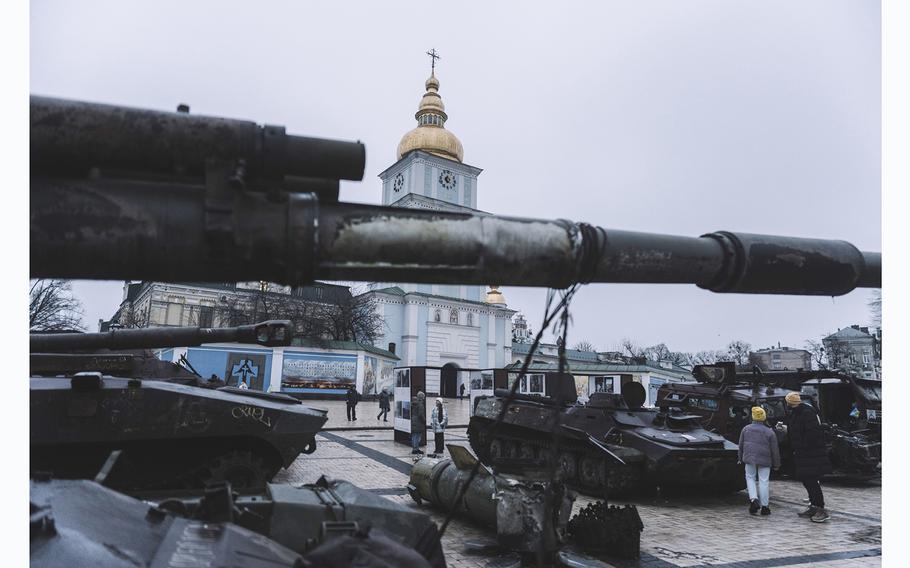 An exhibit of destroyed Russian military equipment and vehicles are seen in Kyiv, Ukraine.