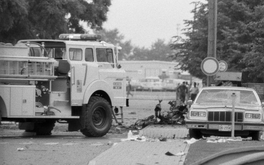 A fire truck at the scene of the explosion at Rhein-Main Air Base, Germany, Thursday, Aug. 8, 1985.