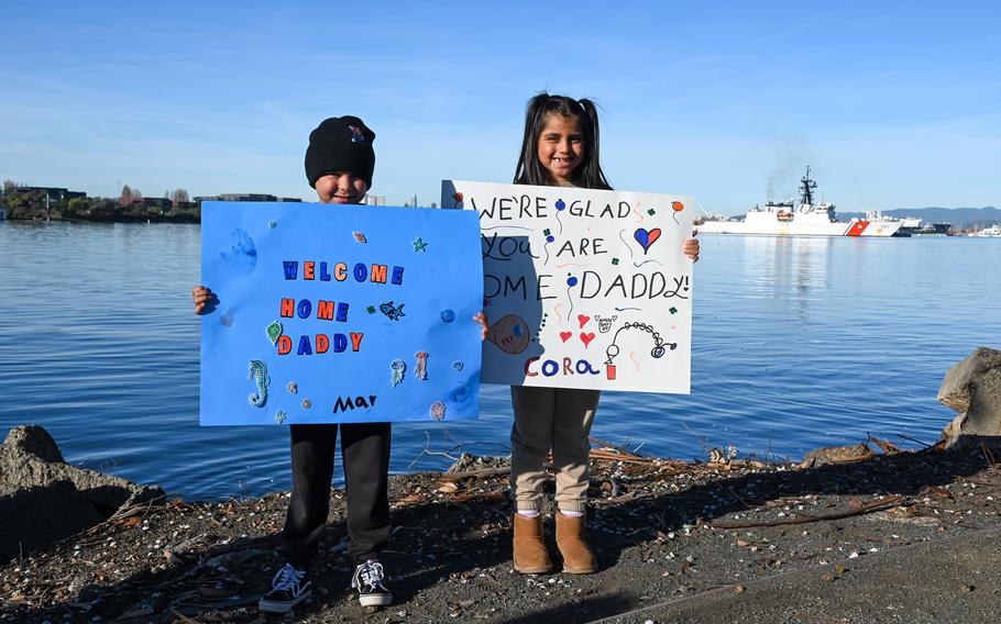 Family and friends celebrate as the U.S. Coast Guard Cutter Waesche (WMSL 751) crew returns to homeport in Alameda, Calif., Dec. 9, 2023. 