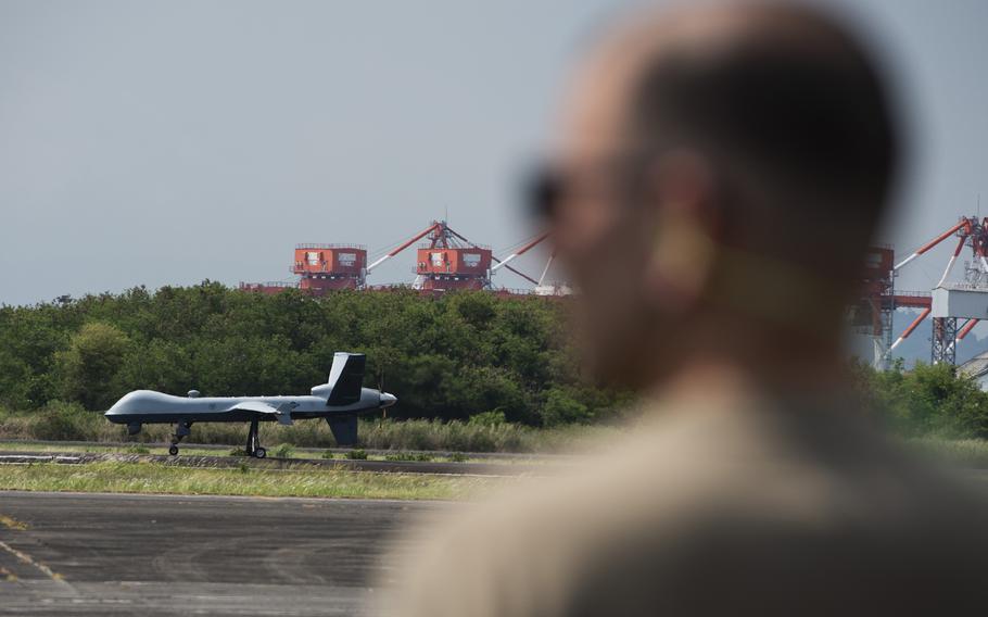 An MQ-9 Reaper returns to the former home of Naval Air Station Cubi Point, Philippines, Sunday, April 23, 2023.