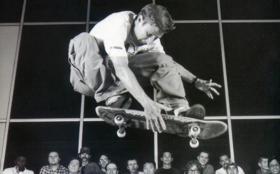 Rodney Mullen performs tricks for members of Neversoft Entertainment, developers of the first Tony Hawk’s Pro Skater game, in this 1999 photo at the Los Angeles studio. 