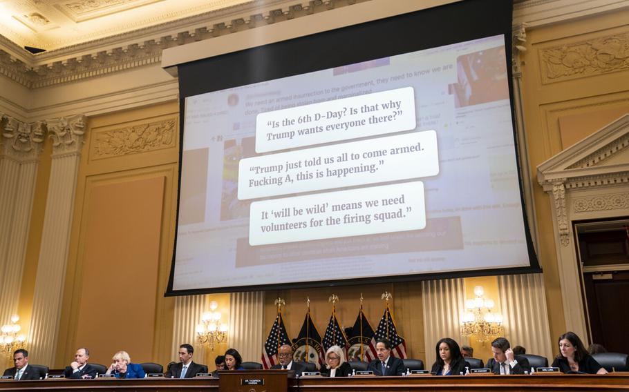 Messages are displayed on screen during a House Select Committee to Investigate the Jan. 6 hearing in the Cannon House Office Building on Tuesday, July 12, 2022, in Washington, D.C. 